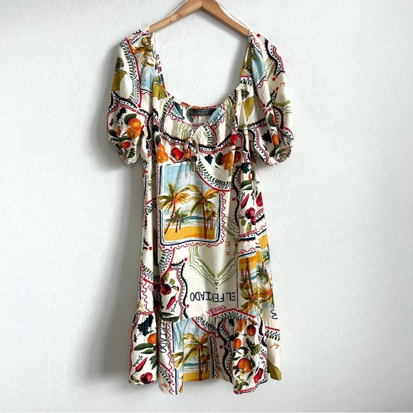 Primark Dress 14 Mini Puff Sleeve Flutter Hem Tropical Fruit Colorful Print - Picture 2 of 13